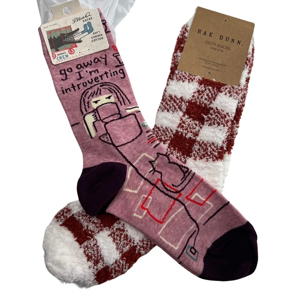 Socks Lot Rae Dunn Buffalo Plaid + Blue Q Introvert White Rust Pink Purple 4-10